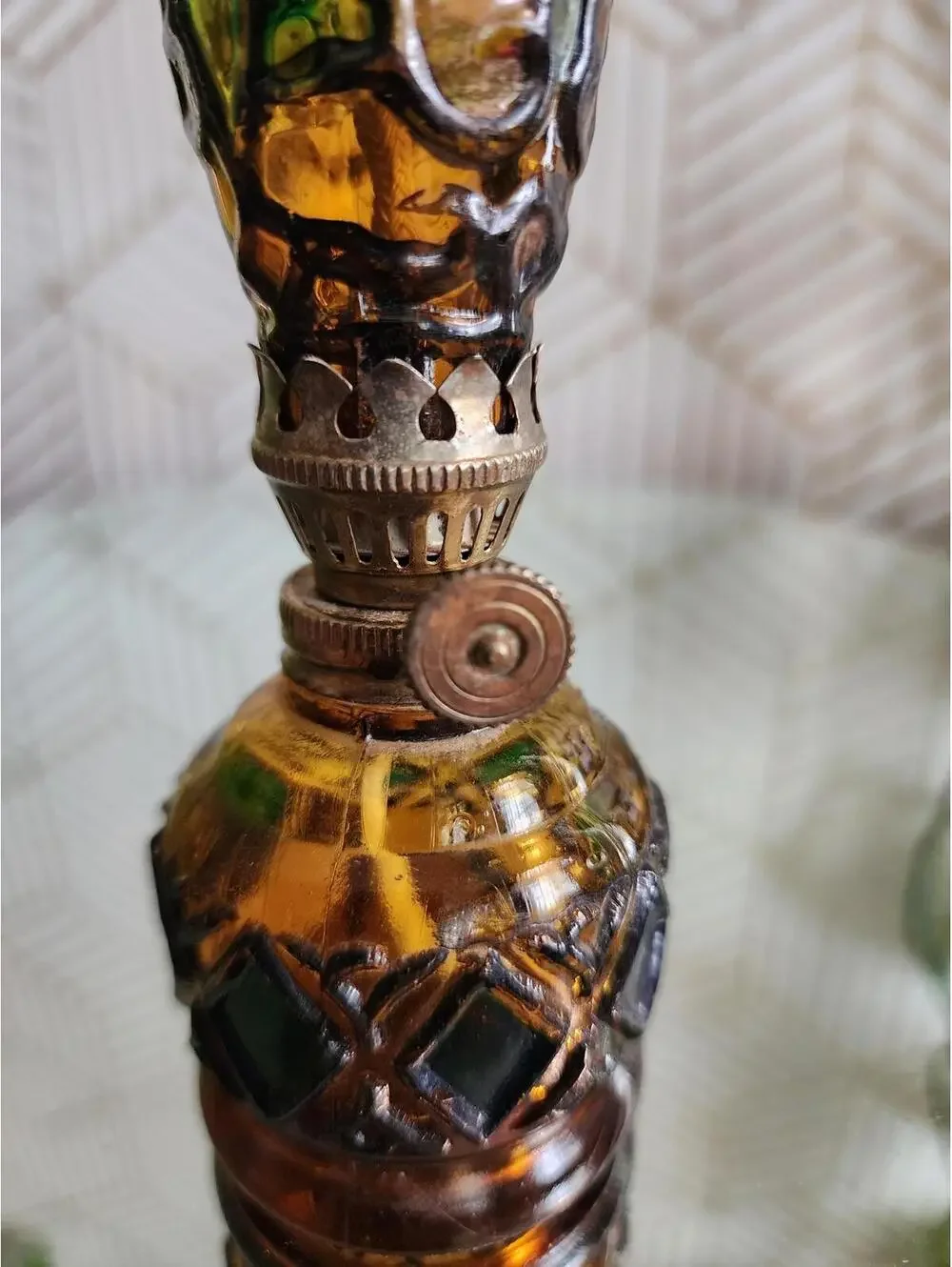 Vintage Faux Stained Glass Amber Small 2pc Oil Lamp - Hong Kong